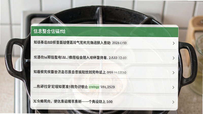 一锅烩信息整合界面,列表形式展示多条短文本,绿色标题栏,白色内容区,清晰排版,无多余装饰,高清