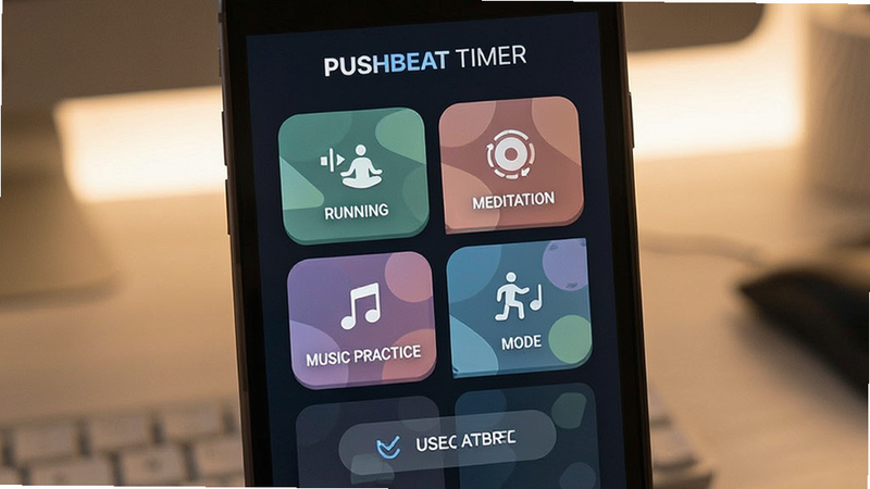 PushBeat Timer multi-mode interface, icons for running, meditation, music practice, grid layout of mode options, simple geometric shapes, soft lighting, user-friendly design