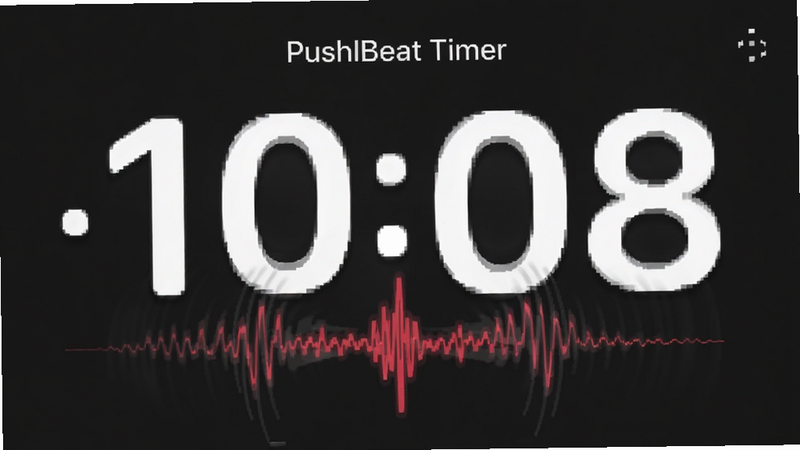 PushBeat Timer app interface, minimalist design, dark mode background, large digital timer display in center, pulsating beat visual effect, clean UI, vector graphics, high quality, no text