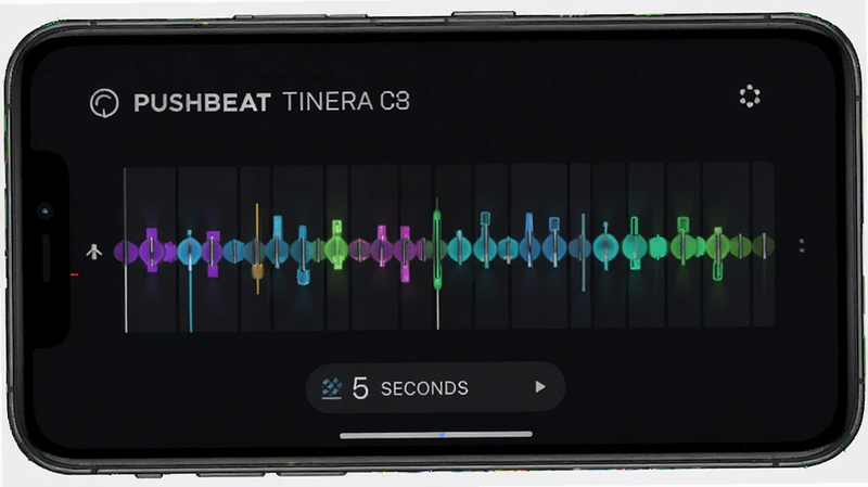 PushBeat Timer feature screenshot, showing a timeline with beat markers, user setting interval to 5 seconds, vibrant accent colors, modern smartphone interface, clear typography, clean background