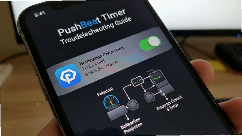 PushBeat Timer troubleshooting guide, smartphone settings screen, notification permission toggle, app icon, instructional diagram style