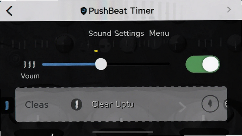PushBeat Timer sound settings menu, volume slider, toggle switch, clear UI elements
