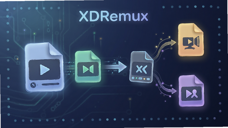 XDRemux feature illustration, video file icons transforming into different formats, digital art style, soft lighting, tech aesthetic