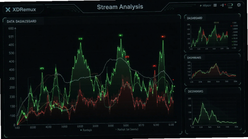 XDRemux data visualization, stream analysis graph, green and red indicators, tech dashboard style, detailed lines