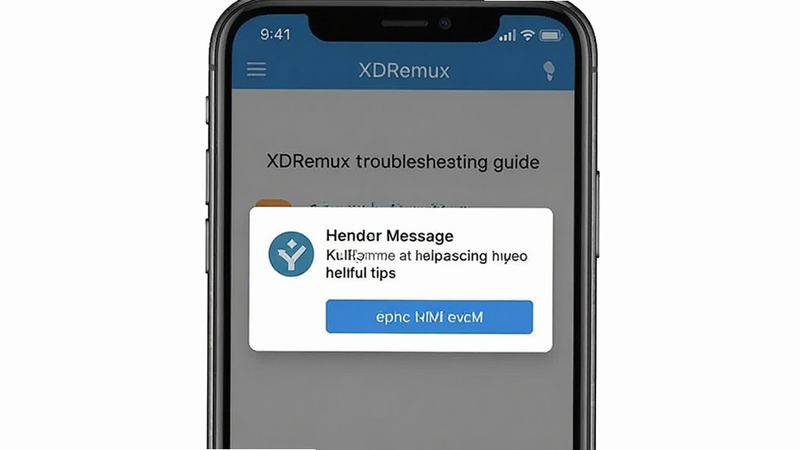 XDRemux troubleshooting guide, error message dialog, helpful tips icon, clean UI design, mobile screen mockup