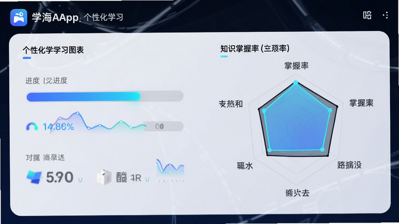 学海App个性化学习图表, 展示进度条和知识掌握率雷达图, 数据可视化风格, 现代科技感