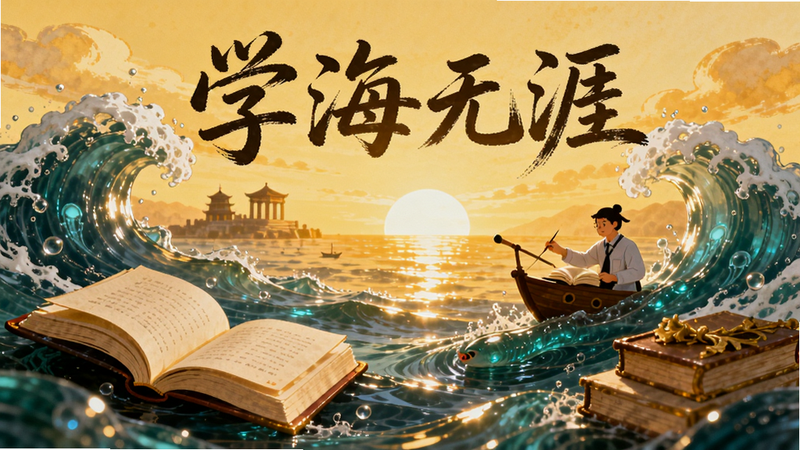 学海 无涯 概念插画, 书籍与海洋元素结合, 温暖色调, 励志氛围