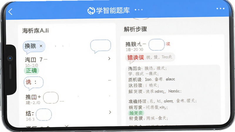 学海App智能题库界面, 展示选择题和解析步骤, 简洁布局, 绿色正确标识红色错误标识, 移动端UI风格