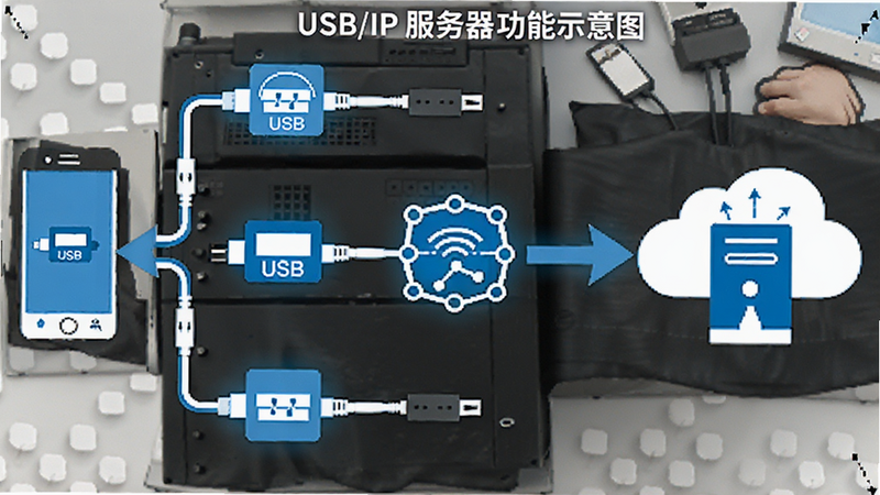 USB/IP 服务器 功能示意图,显示手机连接多个 USB 设备并映射到网络图标,箭头指向云端服务器,现代扁平图标风格,蓝白配色,清晰布局