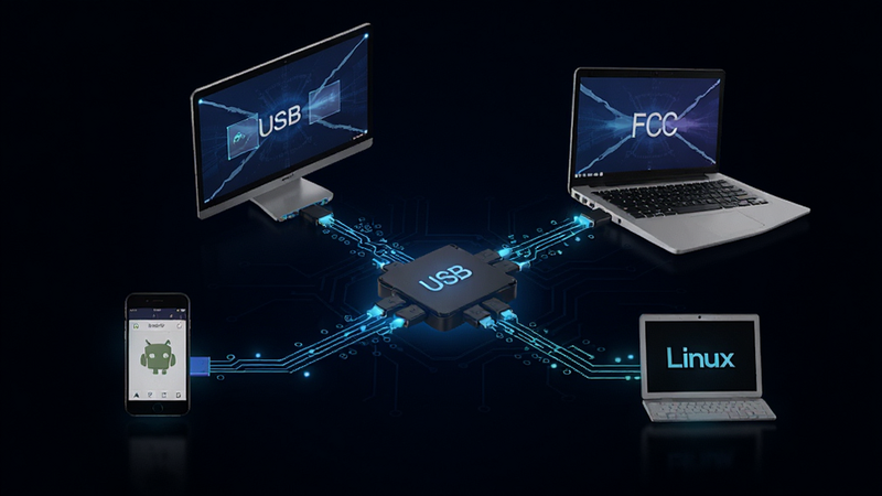 USB/IP 服务器 多设备互联场景,展示 Android 手机、PC 笔记本、Linux 终端通过网络连接共享 USB 资源,科技感线条连接,深色背景,发光节点,极简风格