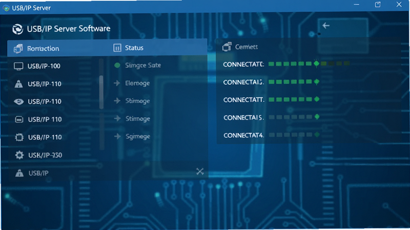 USB/IP 服务器 软件主界面截图,展示清晰的功能列表与连接状态指示,蓝色科技风格背景,白色文字标签,简洁扁平设计,无多余装饰