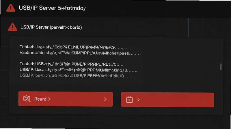 USB/IP 服务器 故障排查界面,显示错误日志与修复按钮,深色模式 UI,红色警告图标,白色文字说明,简洁清晰