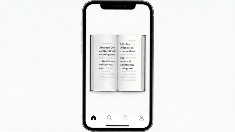 小说 app 界面预览图,极简白色背景,中央显示打开的书籍页面,字体清晰,底部导航栏图标简洁,风格现代扁平设计,高清细节,干净无多余元素