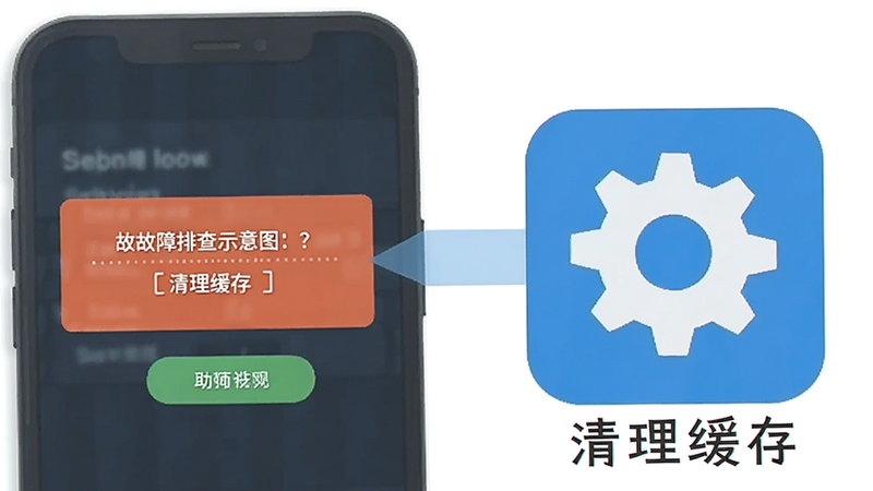 小说 app 故障排查示意图,手机屏幕显示错误提示,旁边有齿轮设置图标,文字标注