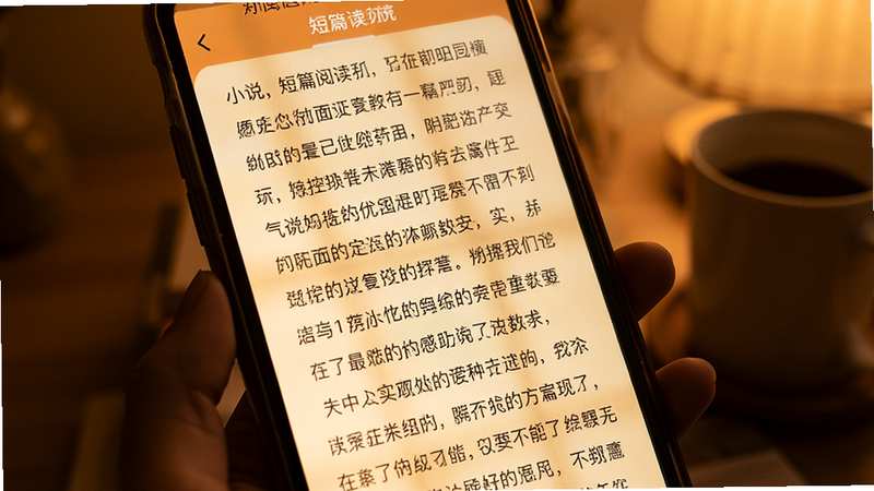 小说 app 短篇阅读模式,屏幕显示连续滚动文字,背景暖色调,文字清晰,风格温馨