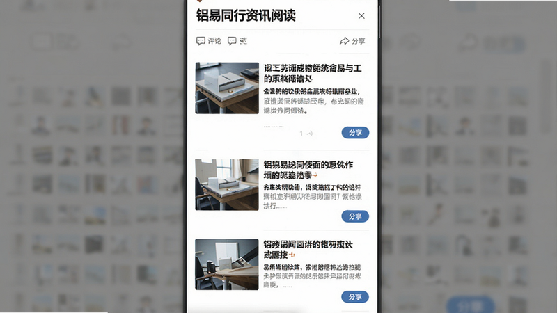 铝易同行资讯阅读页面,主体为图文结合的新闻列表,布局采用垂直滚动流式设计,排版包含标题粗体与摘要段落,风格新闻门户类,细节显示评论图标和分享按钮,画质干净无多余元素