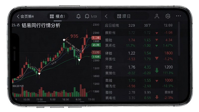 铝易同行行情分析界面,主体为手机App内嵌的K线图表和数字数据表格,布局采用左右对比结构,排版突出红色上涨与绿色下跌标识,风格专业金融数据可视化,细节包含时间轴刻度与关键点位标注,画质清晰干净无多余元素