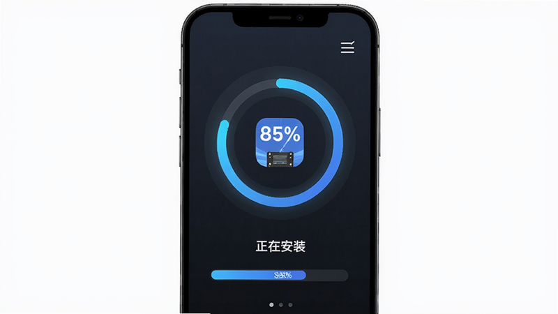 铝易同行安装过程示意图,主体为手机屏幕显示下载进度条,布局采用居中进度环,排版包含应用图标和“正在安装”文字,风格科技感,细节显示进度百分比,画质干净无多余元素