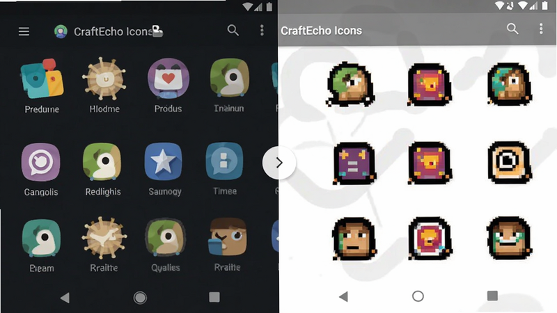 �ֻ���ĻչʾCraftEcho Icons�����л����棬���Ϊԭʼͼ�꣬�Ҳ�Ϊ���ط��ͼ�꣬�Ա�������UI��࣬�ִ���׿���