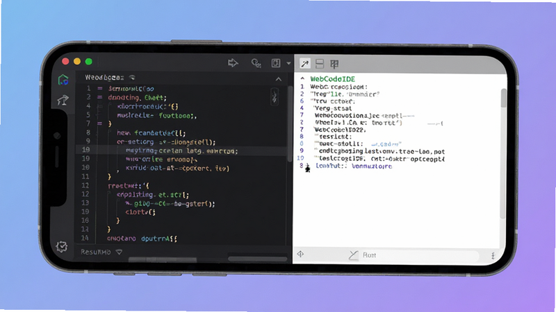 WebCodeIDE ����Ԥ��ͼ��չʾһ���ִ���������ֻ���Ļ���棬�������ɫ����༭����ʾ��ɫ�������룬�Ҳ�������ն˴�����ʾ���н��������Ϊ��͵�����ɫ���䣬���Ϊ��ƽ����ƣ�ϸ���������޶���Ԫ�أ��ɾ�����