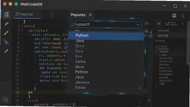 WebCodeIDE �������л����棬��ʾ�����˵��а���Python, Java, C++��ѡ�����Ϊ���ɫ����༭�������Ϊ�Ƽ���UI��ƣ�ϸ�ڷḻ���޶���Ԫ�أ��ɾ�����