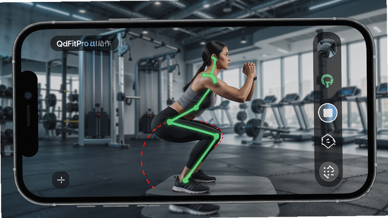 QdFitPro AI动作识别界面示意图,手机屏幕显示用户正在做深蹲,屏幕上叠加绿色骨骼线框对比理想姿态,红色虚线标记错误角度,背景为健身房环境,科技感强,细节清晰