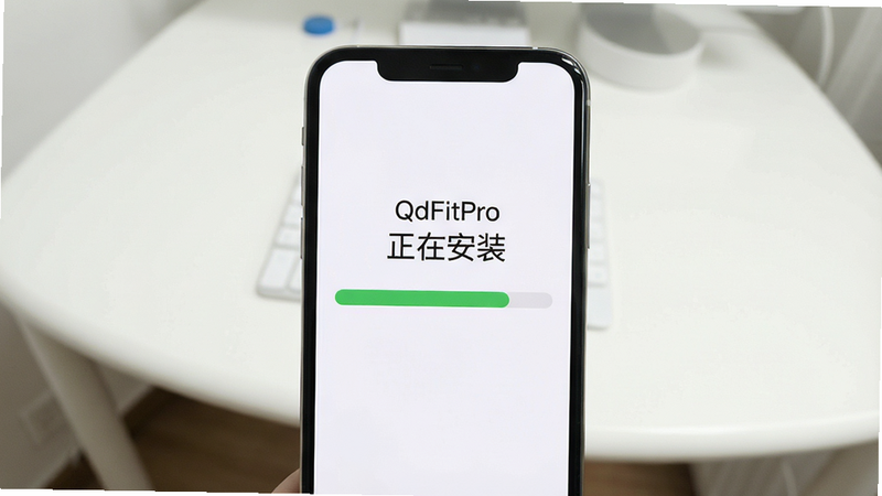 QdFitPro 安装过程示意图,手机屏幕上显示安装进度条,背景为简洁的白色桌面,文字清晰标注“正在安装”,无干扰元素