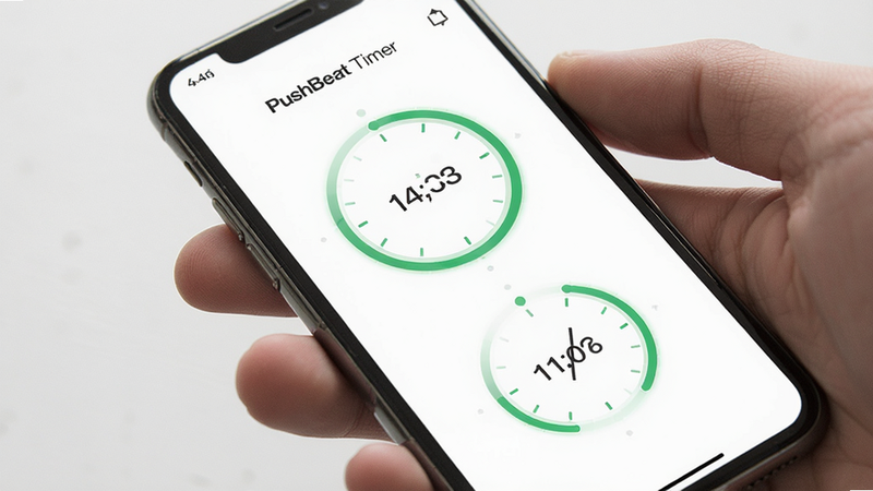 PushBeat Timer app interface on a smartphone screen, minimalist design, white background with green timer circles, clean UI layout, high resolution, 4k, realistic style, no text