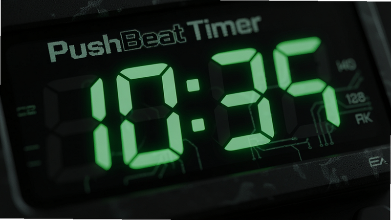 PushBeat Timer close-up of a digital clock interface, glowing green numbers on dark background, modern tech aesthetic, sharp focus, 8k quality
