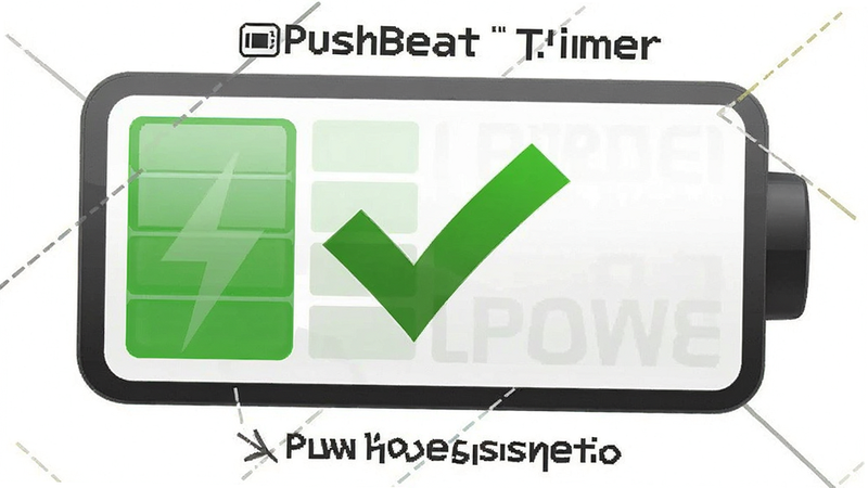 PushBeat Timer battery icon with green checkmark, low power consumption concept, clean white background, simple infographic style, high detail
