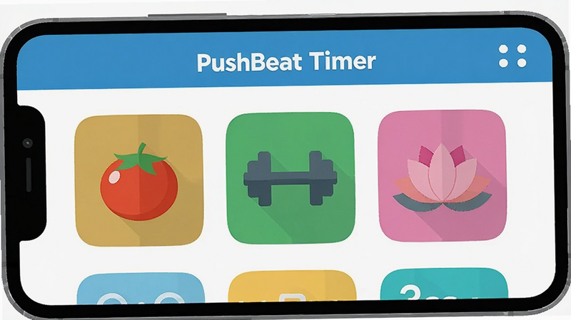 PushBeat Timer app showing multiple preset icons like tomato, dumbbell, and lotus flower, colorful flat design, smartphone display, vector graphics style