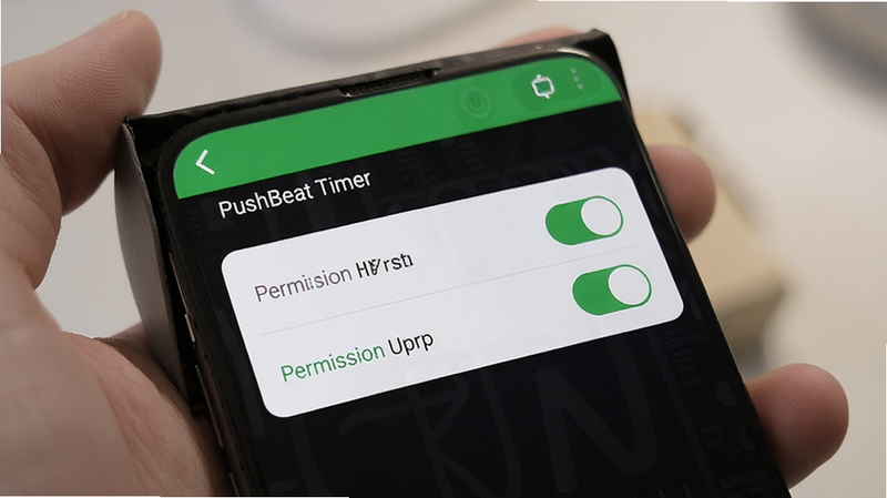 PushBeat Timer app settings screen showing permission toggle switches, clear UI, green highlights, realistic smartphone interface, 1080p