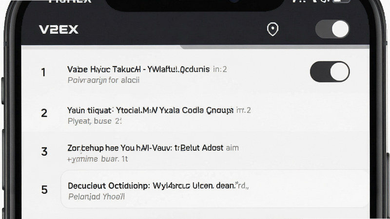 V2EX app interface, minimalist design, clean white background, list of forum topics, dark mode toggle, modern typography, high quality, realistic screenshot style, no text overlay