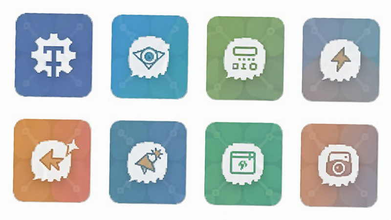 V2EX topic categories, icons for tech, creative, lifestyle, grid layout, clean icons, modern flat design, white background, detailed