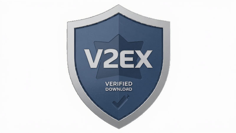 V2EX security badge, shield icon, verified download, clean white background, minimal design, realistic