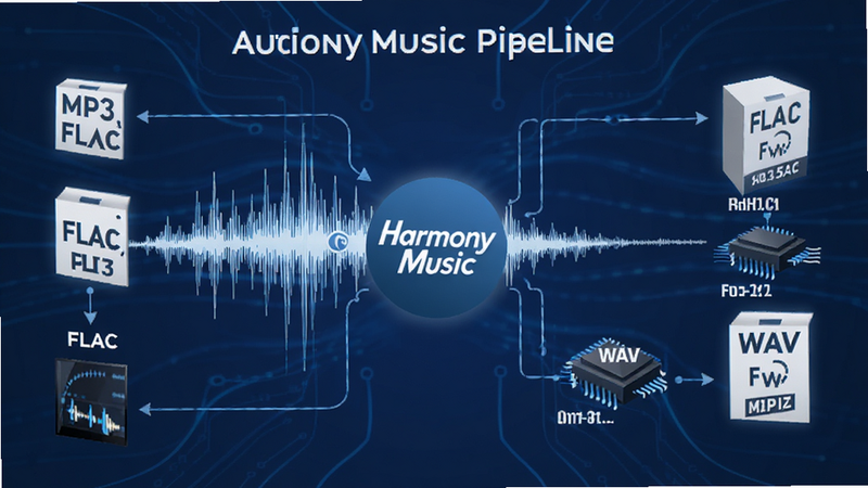 A technical diagram showing Harmony Music's audio processing pipeline, illustrating how various file formats like MP3, FLAC, and WAV are decoded. The image features a stylized waveform visualization merging into the Harmony Music logo. Modern tech aesthetic, blue and white color scheme, clean lines, infographic style, high detail, no unnecessary elements.