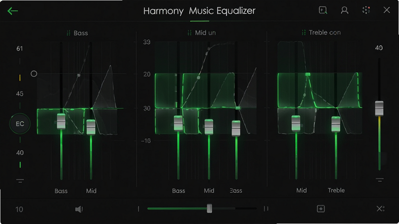 A detailed screenshot of the Harmony Music equalizer settings page. It shows a multi-band frequency graph with adjustable sliders for bass, mid, and treble. The interface is sleek, with glowing green indicators on active bands. Text 