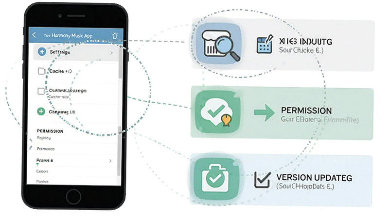 A troubleshooting guide illustration for Harmony Music app, showing a smartphone with a settings menu open. Icons for cache clearing, permission granting, and version update are highlighted. Clean instructional style, vector graphics, white background, clear labels in English.