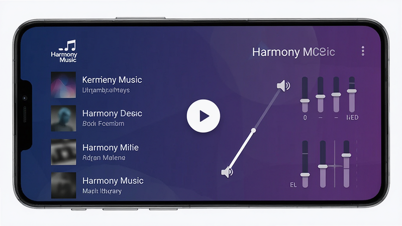 A minimalist Android music player interface on a smartphone screen, showing the Harmony Music app logo, a clean playlist list with song titles and artist names, a central play button, volume slider, and equalizer settings. The background is a soft gradient of dark blue and purple. High resolution, 4k, clean UI design, no clutter, realistic smartphone mockup, text 