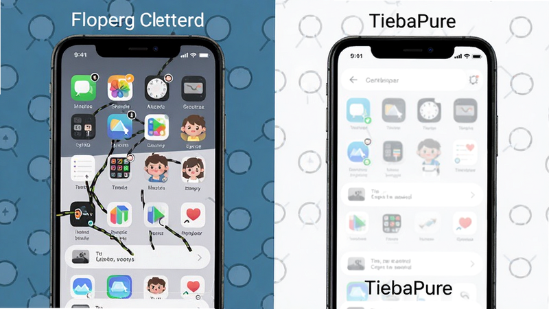 Comparison screenshot of a cluttered app interface versus TiebaPure clean interface, split screen, modern UI design, vector graphics