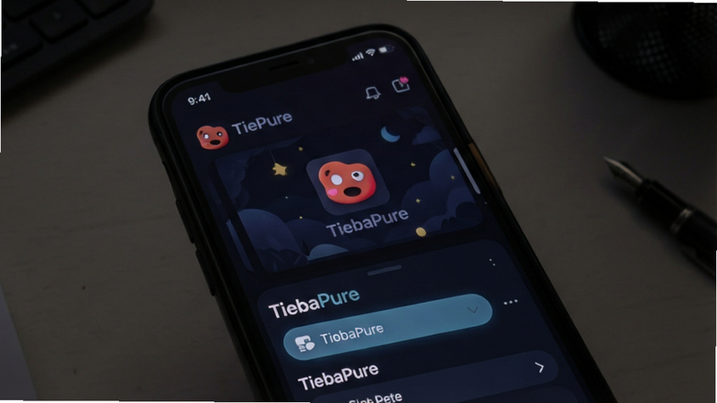 Dark mode interface screenshot of TiebaPure, night theme, eye-friendly colors, smartphone mockup