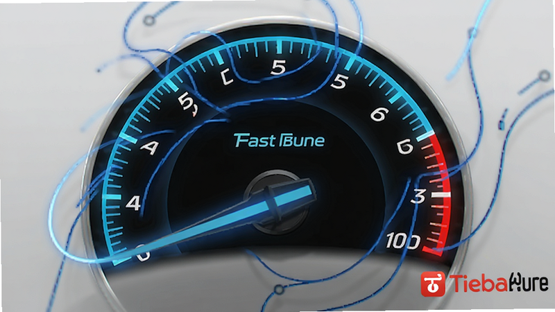 Speedometer graphic showing fast loading times, blue speed lines, tech aesthetic, TiebaPure logo in corner