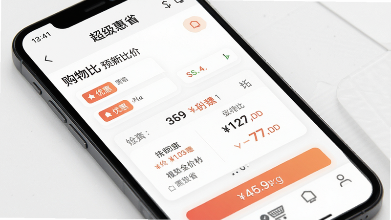 超级惠省App界面预览图,主体为手机屏幕展示购物比价功能,布局清晰,排版简洁,风格现代扁平化,细节包含优惠标签和价格对比,画质高清干净无多余元素