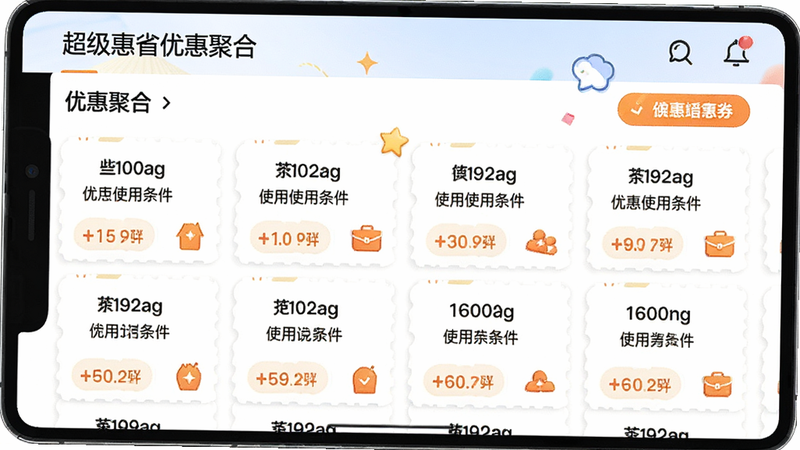 超级惠省优惠聚合界面,主体为优惠券卡片列表,布局网格状,风格活泼明亮,细节包含优惠券使用条件说明,画质高清无多余元素