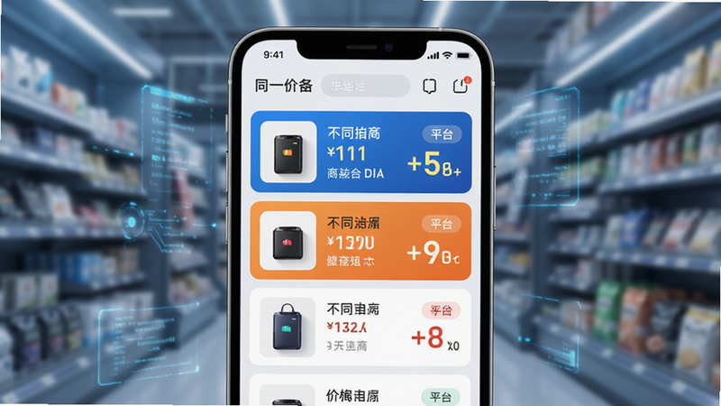 超级惠省比价功能示意图,主体为手机界面显示同一商品在不同平台的价格列表,布局采用列表式排版,风格科技感强,细节包含价格差异高亮显示,画质清晰干净无多余元素