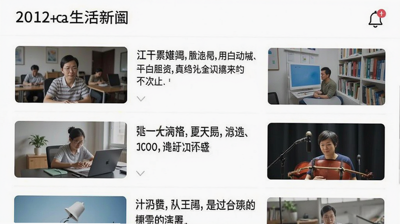 Jiangda Life news feed, list of articles with thumbnails, notification bell icon, minimalist design, white background