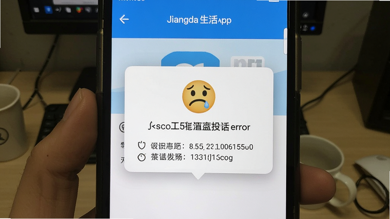 Jiangda Life app error message popup, sad face icon, technical support contact info, simple UI
