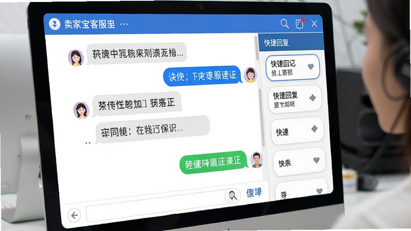 卖家宝客服聊天界面,展示对话窗口与快捷回复选项,体现高效沟通场景