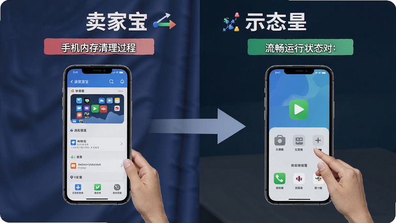 卖家宝运行优化示意图,展示手机内存清理过程与流畅运行状态对比