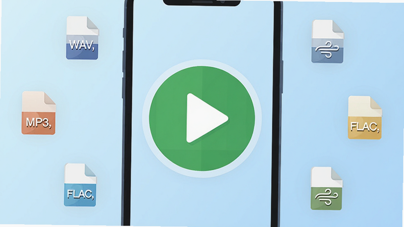 һ����ƽ�������ֻ���ĻչʾMP3ת������APP�������棬������һ���޴����ɫ���Ű�ťͼ�꣬�����ǵ���ɫ�Ľ��䣬��Χ�����ż���Сͼ�������ͬ��Ƶ��ʽ��WAV, MP3, FLAC, ���Ϊ�ִ�����UI��ƣ��ɾ��޶���Ԫ�أ����廭��